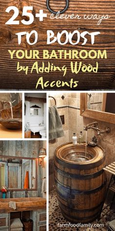 the bathroom is decorated in rustic wood and has an old barrel as the centerpiece