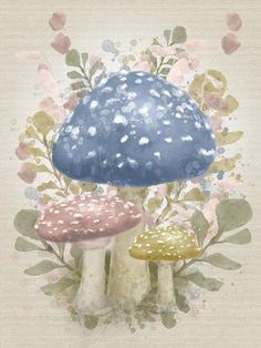 three mushrooms are sitting on the ground in front of some leaves and flowers, one is blue with white speckles