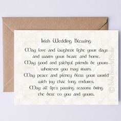 a wedding blessing card with the words irish wedding blessing on it's front and back