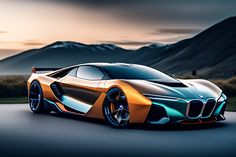 an orange and blue sports car parked on the side of a road with mountains in the background