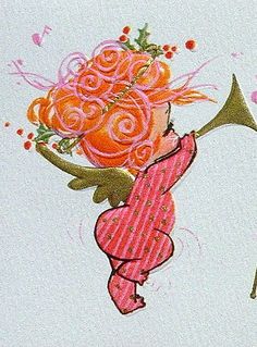 a drawing of a girl with an orange flower in her hair holding a trombone and wearing a pink dress