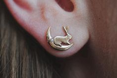 Whimsical and ever playful, these tiny earrings are the sweetest thing you'll set your eyes on! These little bunnies sit on the tiniest crescent moons tha Quirky Accessories, Moon Earring, Little Earrings, Tiny Earrings