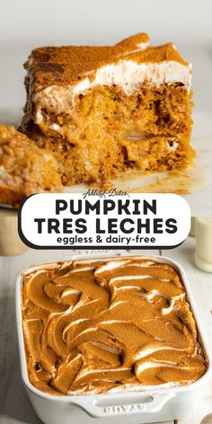 pumpkin tres leches cake with frosting in a pan and on the side