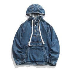 Hooded Denim Jacket, Loose Coats, Japanese Streetwear, Fashion Mens, Unisex Clothing, Bandeau Top, Jean Jackets, Mens Denim, Fashion Sketches