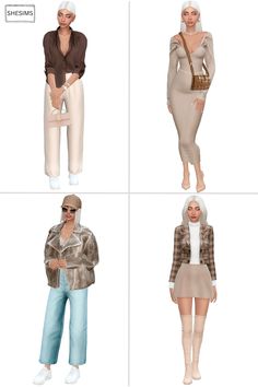 four different outfits for the female character in the video game, which includes two women and one