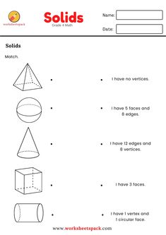 The students will practice the solids with this free worksheet. Grade 4 Worksheets, Grade 4 Math, Surface Area And Volume, Math Worksheets For Kids, Math Fractions Worksheets, Shape Worksheets For Preschool, Maths Worksheet, Geometry Shapes, 3rd Grade Math Worksheets