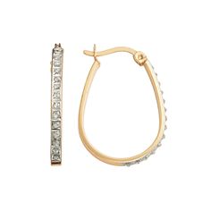 Diamond accents illuminate these pear-shaped hoops. Comes in a gift box.Earring Details: Length: .87 in. Backings: click-it Metal: 18k gold over sterling silver Model no. SDF21614Y Diamond Details: Total weight: less than 1/10 ct. Cut: round Image(s) may be enlarged to show detail. Diamond weights are approximate. Diamond total weights may vary between .01 and .08 ct. Some diamonds have fewer than 17 facets.Gemstones may have been treated to enhance their appearance. Special care may be required Silver Model, Silver Diamonds, Pear Shaped, Sterling Silver Earrings, Silver Earrings, Pear, Gold Bracelet, 18k Gold, Gift Box