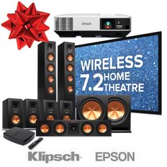 an advertisement for the klipsch epson wireless home theater system with speakers and a red bow