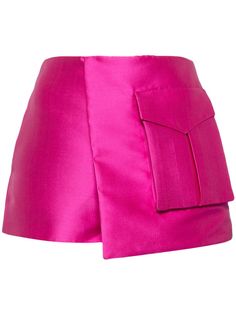 pink satin finish side patch pocket mid-rise concealed rear fastening asymmetric design thigh-length Spring Satin Shorts, Satin Shorts For Spring, Fitted Mini Shorts With Side Pockets, Chic Satin Short Length Bottoms, Pink Mini Length Bottoms With Pockets, Pink Mini-length Bottoms With Pockets, Fitted Silk Bottoms Short Length, Pink Short Skort With Pockets, Short Pink Skort With Pockets