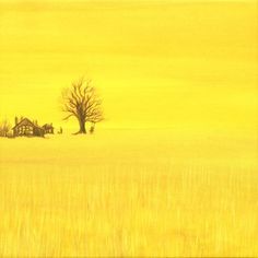 a painting of a house in the middle of a field with a tree on it