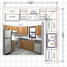 a drawing of a kitchen with wooden cabinets and stainless steel appliances