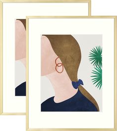 two framed art prints with woman's profile and palm tree