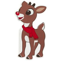 a sticker with a cartoon deer wearing a red nose and scarf on it's head