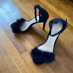 Worn Once. Practically Brand New. Suede And Feather Like Toe Strap Elegant Ankle Strap Heels With Feather Trim, Chic Feather Trim Sandals, Feather Shoes Black, Feather Heels Black, Black Fur Sandals, Ankle Strap Sandals Heels, Sandal Heels, Black Feathers, Ankle Strap Sandals