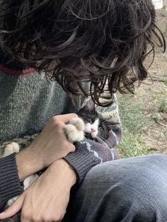 a person holding a kitten in their arms