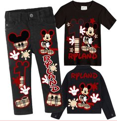 two children's clothing sets with mickey and minnie mouse on the front, one is black