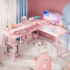 a pink desk and chair in a room