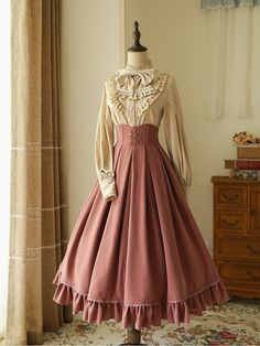 North of the Forest Gray / Pink Classic Lolita SK British Lady, Skirt And Vest, Ribbon Blouse, Olive Green Blouse, Neck Ribbon, Lolita Outfits, Old Fashion Dresses, Classic Skirts, Striped Vests