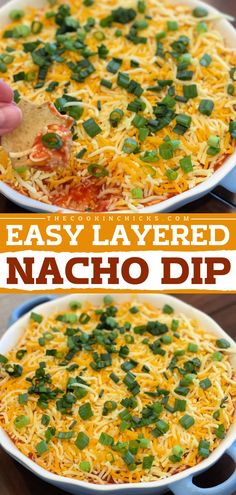 An Easy Layered Nacho Dip! Your football party menu won't be complete without it. Made with cream cheese, sour cream, and more, this Mexican layer dip is a delicious game day food idea. Don't forget the chips for this crowd-pleasing appetizer recipe! Nacho Appetizers For Party, Easy Layered Nacho Dip, Desert Dips, Layered Nacho Dip, Football Party Menu, Nachos Dip Recipe, Nacho Appetizer, Dip Recipes Hot, Cold Dip Recipes