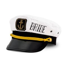 Product Description Be the true captain of your bachelorette ship with this cute Bride captain’s hat! A classy piece of headwear, this captain hat is the perfect touch for your nautical themed bachelorette party! With the bride embroidered directly on the cap, it’s a fun bachelorette wearable that lets everyone know just whose party it is. A fun way to bring the boat to the party and the bride can even wear the awesome hat at her bridal shower or engagement party. A captain should never be witho Bridal Shower Gift Bags, Bridal Party Hats, Nautical Bachelorette Party, Bachelorette Pool Party, Nautical Bachelorette, Captain Cap, Nautical Bridal Showers, Birthday Hats, Sailor Cap