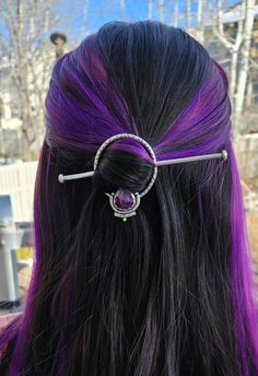 Amethyst hair pin with hand stamped embellishments and silver rod. (Rings not included) Best for medium-thick hair texture. Handmade - buying handmade jewelry means you'll have an absolutely one of a kind craftsman piece! .925 Silver has been oxidized to show off contrast, depth, and to highlight the details then hand polished to a high shine. Every Sol Metallum piece comes with a complimentary polishing cloth but please do not use chemicals as they can damage the silver and stones!! Items are complete and ready to ship. Follow me on Instagram for shop updates! @Solmetallum Purple Hair Pieces, Amethyst Hair, Thick Hair Styles Medium, Bisbee Turquoise, Hair Texture, Lovely Ring, Hair Pin, Unique Styles, Black Tourmaline