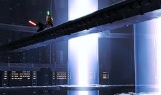 a scene from star wars the old republic with lights in the background and two people on a bridge