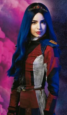 a woman with long blue hair wearing a red and black outfit in front of clouds