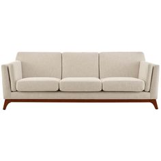 a beige couch with wooden legs on a white background and no one is in it