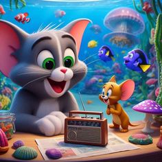 the cat and mouse are talking to each other in front of an aquarium with fish