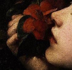 a painting of a woman's face with red flowers in her hair and eyes closed