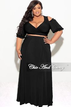 Final Sale Plus Size 2pc Faux Wrap Crop Tie Top And Double Slit Skirt – Chic And Curvy Chic And Curvy, Tie Top, Shoulder Sleeve, Plus Size Dresses, Outfit Sets, Final Sale, Skirt Set, High Waisted Skirt, Crop Top