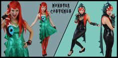 two pictures of women dressed in costumes and one is wearing a costume that says monster cosplay