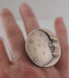 Vintage Ring - Moon Ring - Statement Ring - Star Ring - Vintage Brass jewelry - Adjustable Ring - St Celestial Moonstone Ring With Moon Charm As Gift, Magical Sun And Moon Design Ring As Gift, Magical Sun And Moon Design Ring, Celestial Moon-shaped Ring As A Gift, Celestial Moon Shaped Rings For Gifts, Gift Half Moon Ring With Moon Phase Detail, Bohemian Rings With Moon Charm For Gift, Moon Phase Half Moon Ring As Gift, Celestial Moon-shaped Ring For Gifts