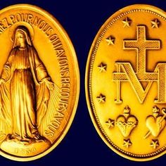 two gold medals with the image of mary and jesus on one side, and an image of st benedict on the other