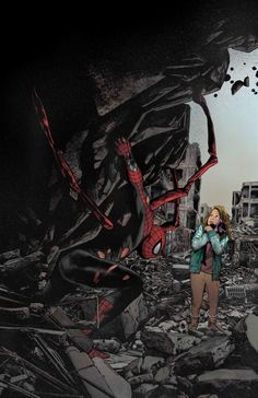 a woman standing in front of a pile of rubble next to a giant spider man