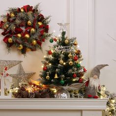 christmas decorations and wreaths are displayed on the mantel