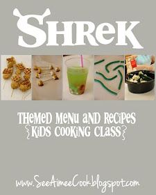 there are pictures of different foods and drinks in this book, with the words shrek on it