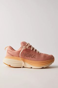 HOKA® Bondi 8 Sneakers | Free People Hoka Shoes Woman, Rocker Sole Shoes, Blue Cosmos, Peach Parfait, Hoka Bondi 8, Hoka Shoes, Women's Fitness Motivation, Coral Peach, Cream Style