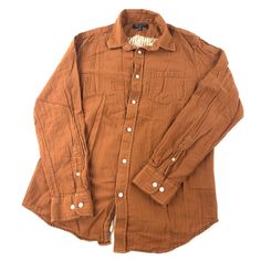 Banana Republic Button Up Shirt Womens Medium Standard Fit Striped Orange Casual Faint signs of discoloration on edges, otherwise in good preowned condition Armpit to armpit- 21in Collar to bottom- 28in Underarm to cuff- 20in Casual Brown Cotton Blouse, Brown Collared Top With Placket, Brown Cotton Shirt With Pockets, Brown Cotton Shirt For Work, Brown Long Sleeve Cotton Shirt, Brown Cotton Workwear Blouse, Brown Cotton Blouse For Work, Classic Brown Tops With Pockets, Classic Brown Tops With Button Closure