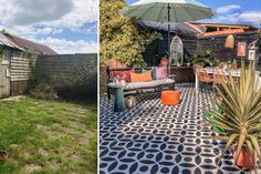 two pictures side by side, one with an umbrella and the other with potted plants