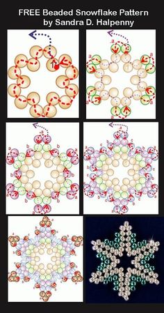 four different snowflakes are shown with the words free beaded snowflake pattern