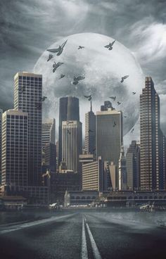 an image of a city with birds flying over it