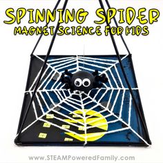 a spider in a web net with the words spinning silver magnet science pop - ups