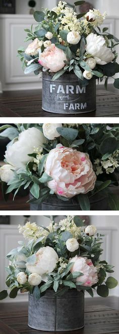 three different pictures of flowers in a bucket on a table with the words farm written above them