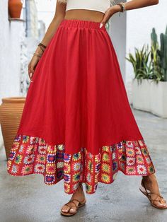 Women's Floral Print Elastic Waist Maxi Skirt,Casual For Holiday Red Boho   Woven Fabric Colorblock,Tribal,Random Print Flared Non-Stretch  Women Clothing, size features are:Bust: ,Length: ,Sleeve Length: Fall Fashion Accessories, Maxi Rok, Casual Tie, Coverup Skirt, Red Boho, Flare Leg Pants, Women Midi, Inspiration Mode, Elegant Dress