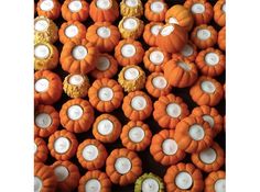 many pumpkins and candles are arranged in rows