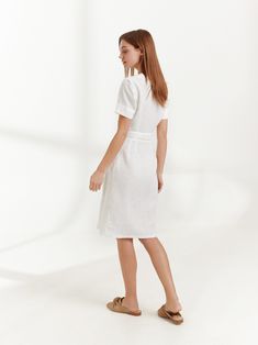 "BRIGITTE is a short sleeve linen wrap dress. DETAILS - True wrap closure - A-line style skirt - Above elbow sleeves - Knee length - 100% lightweight European linen fabric - Cut and sewn to order just for you in our studio COLOR - White, you can also choose other colors above - Fabric samples are available here https://www.etsy.com/listing/586569696/linen-fabric-samples SIZING & FIT - Fits true to size - Bust is approximately 35 inches / 88 cm - Length is approximately 42 inches / 106.5 cm - Linen Summer Dress, Linen Wrap Dress, Above Elbow, Studio Color, Linen Summer, Linen Crops, Summer Linen Dresses, Dress Linen, Style Skirt