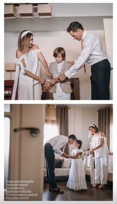 three pictures of people in white outfits and one is holding the hands of another person