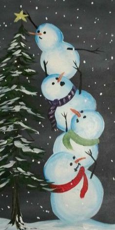 three snowmen are standing in front of a christmas tree