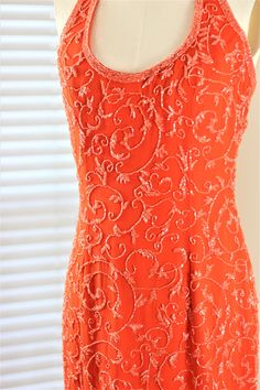 "Party time!! Can you wear orange?? Not all people can..but those who can..should!! This is a beautiful tangerine dress...with a halter top, absolutely darling!! Excellent condition Measuring: 35\" length Bust: 36\" Waist: 28\" Hip: 38\" Pet Free/smoke free Enjoy!" Sleeveless Orange Prom Dress, Orange Sleeveless Dresses For Prom Season, Orange Sleeveless Dress For Prom Season, Glamorous Orange Sleeveless Dress, Fitted Summer Evening Dress With Beaded Straps, Embellished Orange Summer Dresses, Orange Embellished Summer Dress, Orange Embellished Dress For Summer, Summer Embellished Orange Dresses